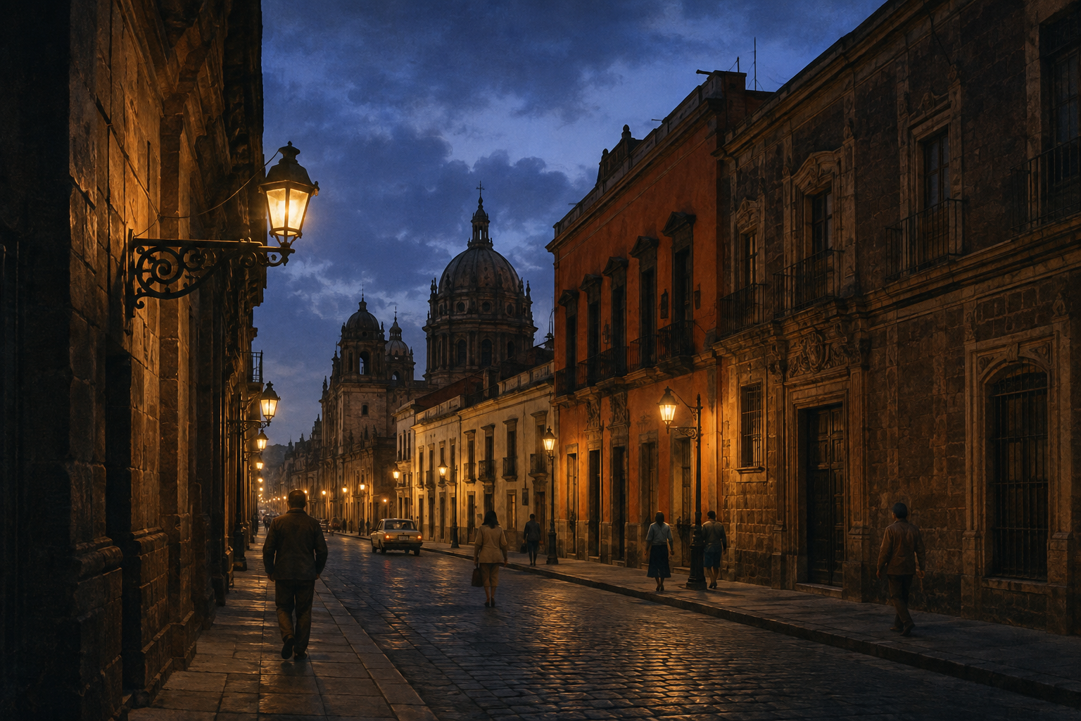 Artistic recreation of an evening street in Mexico City's historic center around 1991